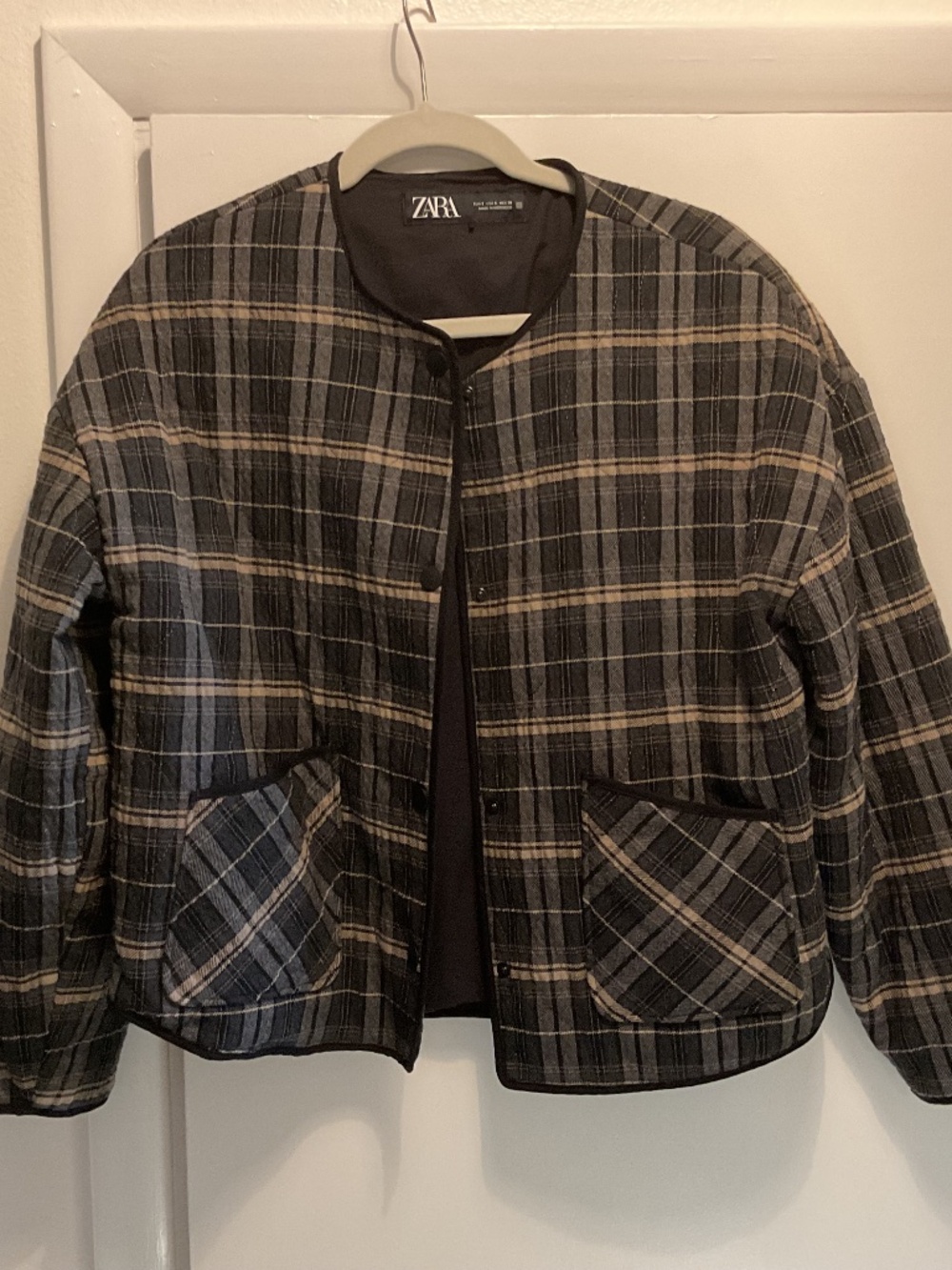 Zara Plaid Jacket, Size Small, Color Black, Grey, and Beige Plaid